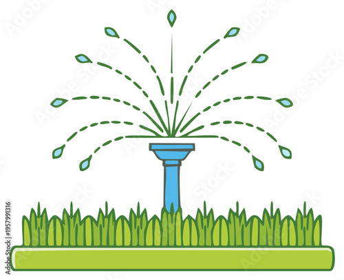 Vector illustration of a lawn sprinkler system spraying water drops on green grass