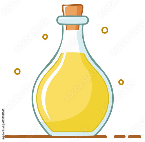 Illustration of a glass bottle filled with golden liquid and cork.