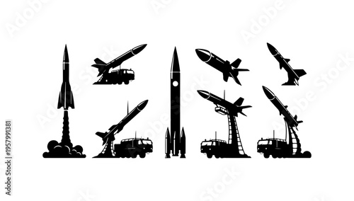 Military Missiles and Aircraft Launchers Vector Illustration Set