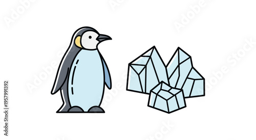 Penguin standing alone on ice blocks.
