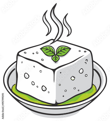 Fresh Feta Cheese Cube on Plate with Olive Oil Topped with Basil Leaves and Steam