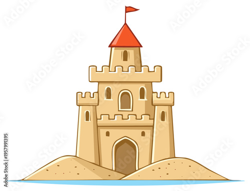 Cartoon sandcastle with red flag on a sunny beach with blue water