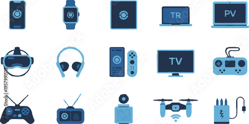 A collection of various electronic devices and gadgets on a light blue background