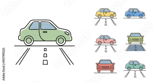 Green car on road with choices.