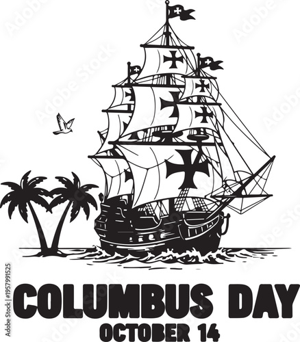 A black and white graphic illustration featuring a historic ship with sails and palm tree silhouettes