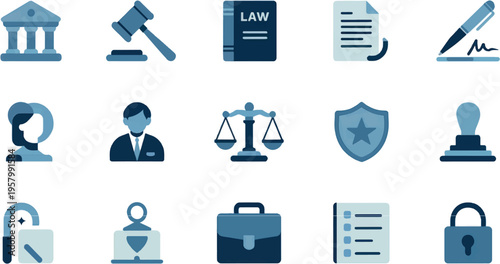 A collection of law and justice icons on a white background