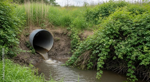 Water Pollution from Industrial Pipe into Natural Stream.