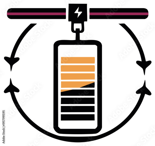 Battery charging icon with arrows illustrating energy flow and power symbol