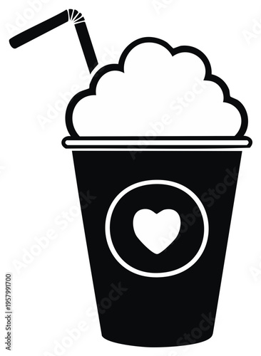 Monochrome Frappe Drink Icon with Heart Symbol, Whipped Cream, and Straw Design