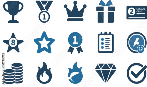 A collection of blue icons representing awards and achievements on a white background