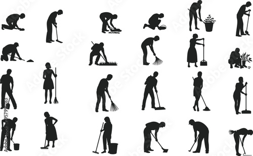 Cleaning and gardening people silhouette set with workers sweeping mopping raking planting and maintenance tasks isolated vector illustration collection