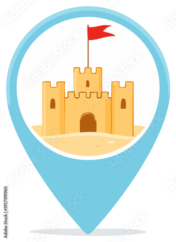 Cute sandcastle with a waving red flag placed inside a vivid blue map location pin symbol for beach holidays
