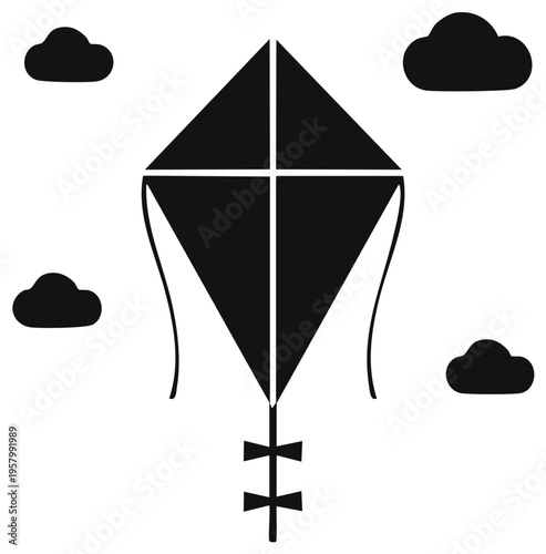 Kite soars in the sky amidst fluffy clouds, graphic representation of outdoor fun and childhood innocence
