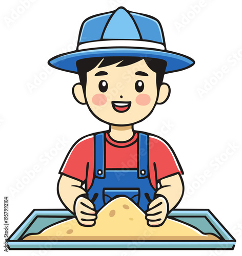 Cheerful young boy in a sun hat playing with sand cute cartoon vector illustration