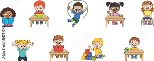 Cute children activity set with kids reading playing studying eating and exercising, colorful cartoon kids characters in educational daily life scenes