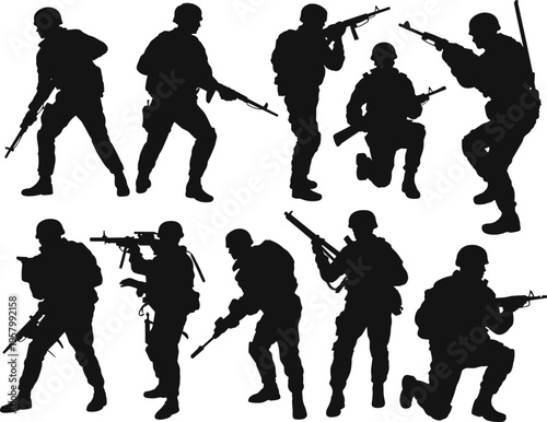Vector Silhouettes of Soldiers and Military Personnel in Tactical Combat Poses Holding Rifles and Weapons Isolated on White Background for Army Defense and War Design