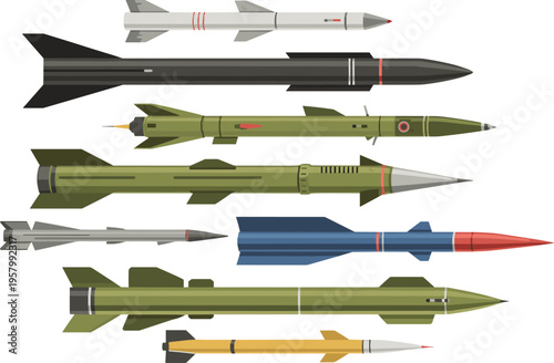 Modern missiles and rockets collection set, military defense weapons and aerospace rocket technology flat illustration isolated on light background