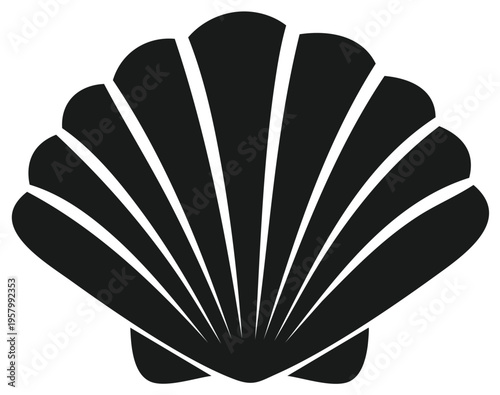 Black silhouette of a fan shaped seashell with radiating lines