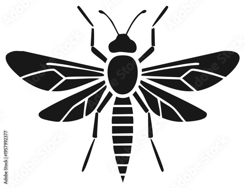 Simple black icon of a wasp or hornet. Stylized insect graphic illustration.