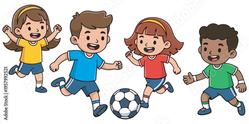 Little children kicking soccer ball towards goal flat style eps 10