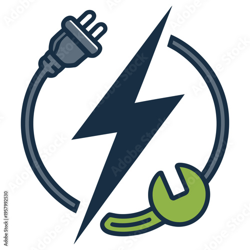 A minimalist flat icon featuring a dark lightning bolt with an electrical plug and green wrench