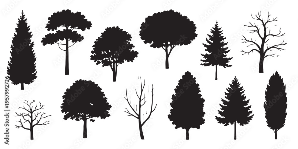Fototapeta premium Tree silhouette icon collection set of graphics trees elements outline symbol for architecture of silhouettes of trees .landscape, and urban design projects, in vector design