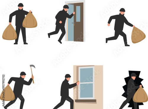 Thief burglar character set performing robbery actions, stealing bags, breaking door and window, sneaking and escaping in flat cartoon style