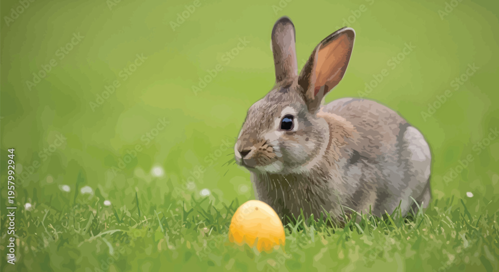 Obraz premium A cute brown rabbit sitting in green grass with an Easter egg