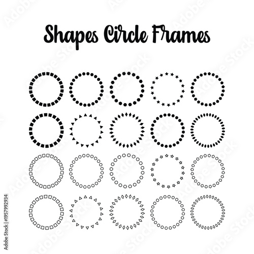 Solid Geometric Shape Circle Frame Set, Bold Filled Dot Square Star Triangle Diamond Round Border Ring Clipart, Monogram Badge Seal Circle Frame, Vector Illustration
