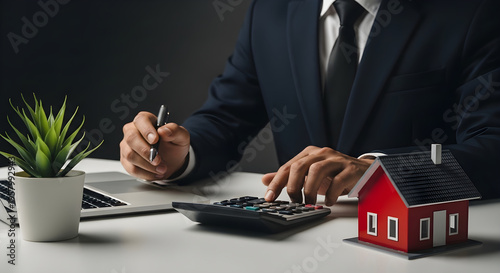 Businessman calculating costs for a house with a calculator and laptop
