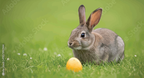 A cute brown rabbit sitting in green grass with an Easter egg