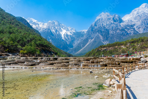 Принти на полотні Blue moon valley terrace with turquoise water and jade dragon snow mountain background in lijiang, china