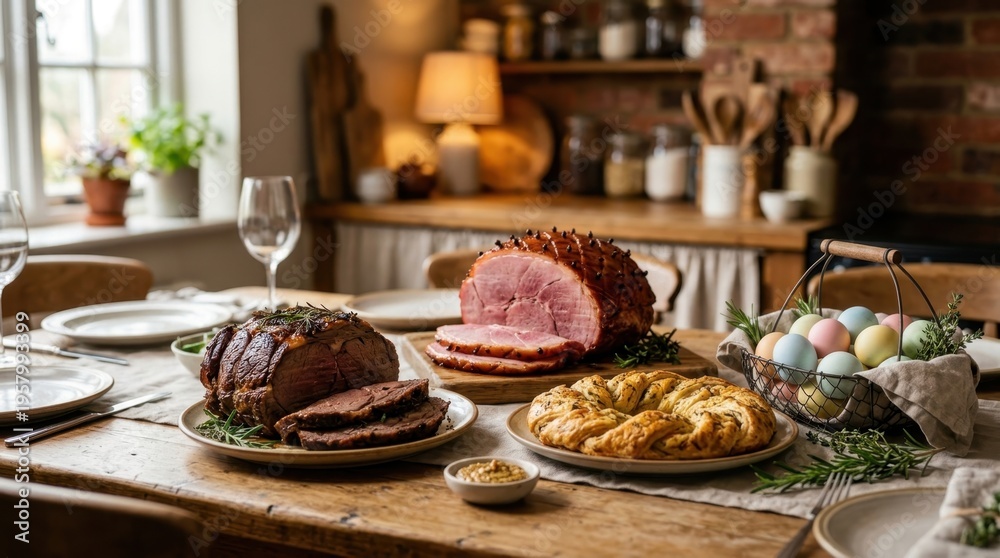 Fototapeta premium A Festive Ham Dinner Feast with Savory Meats and Pastry on a Rustic Wooden Table
