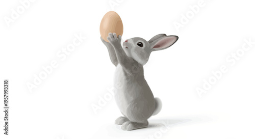 Gray cartoon rabbit standing on hind legs holding large brown egg