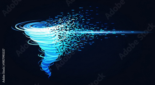 Glowing blue digital tornado swirling with particles and data points on a dark background conveying chaos and technology