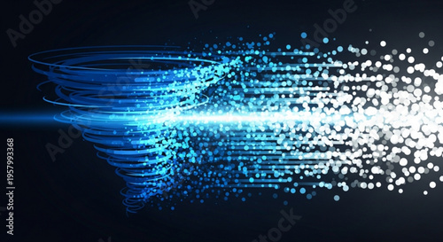 Glowing blue and white light trails swirl in a dynamic abstract pattern against a dark background conveying energy and technology