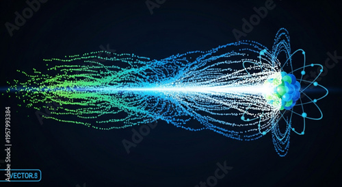 Vibrant blue and green light trails emanate from glowing atomic structure on dark background conveying energy and technology