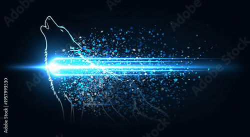 Glowing blue light beam emanating from wolf's head in dark background with sparkling particles