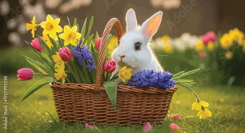 White rabbit sitting in a wicker basket surrounded by colorful flowers and greenery in a garden on a sunny day