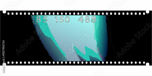Film strip with abstract turquoise shapes and numerical markings