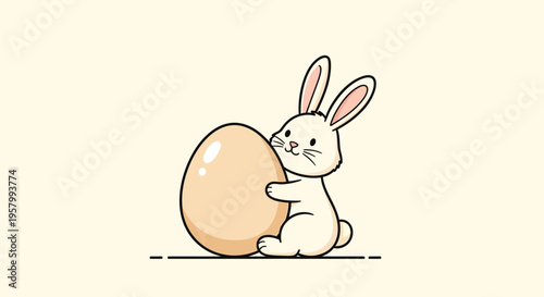 Cute white rabbit sitting next to a large brown Easter egg
