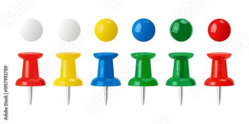 A collection of colorful push pins arranged in two rows