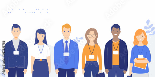 Diverse group of professionals smiling and wearing identification badges