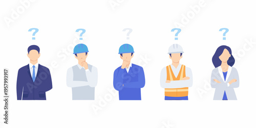 Diverse professionals with question marks symbolizing uncertainty and problem solving