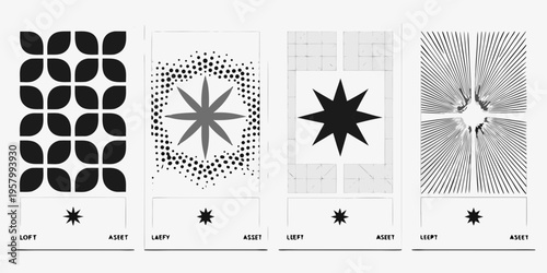 Abstract geometric patterns in black and white arranged in vertical panels