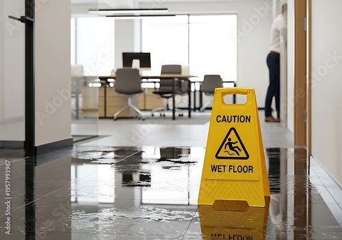 Yellow caution sign wet floor office hazard slippery