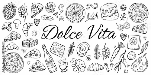 Hand drawn sketch of various sweet treats and fresh produce items