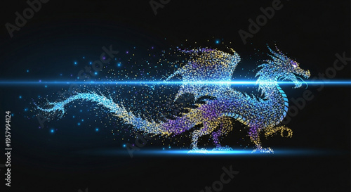 Glowing blue dragon made of tiny particles with laser beam mythical creature in space