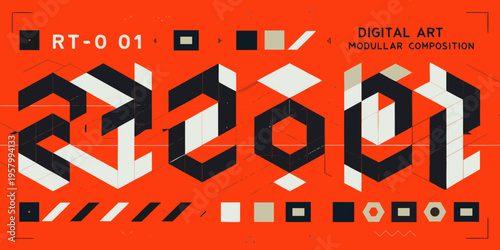 Abstract geometric composition with bold typography and a vibrant orange background