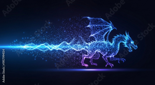 Glowing blue dragon with electric trail mythical creature in dark background fantasy art with neon lights